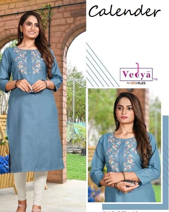 CALENDER BY VEDYA BRAND RAYON SLUB FABRIC WITH FANCY EMBROIDERED WORK STRAIGHT KURTI WHOLESALER AND ...