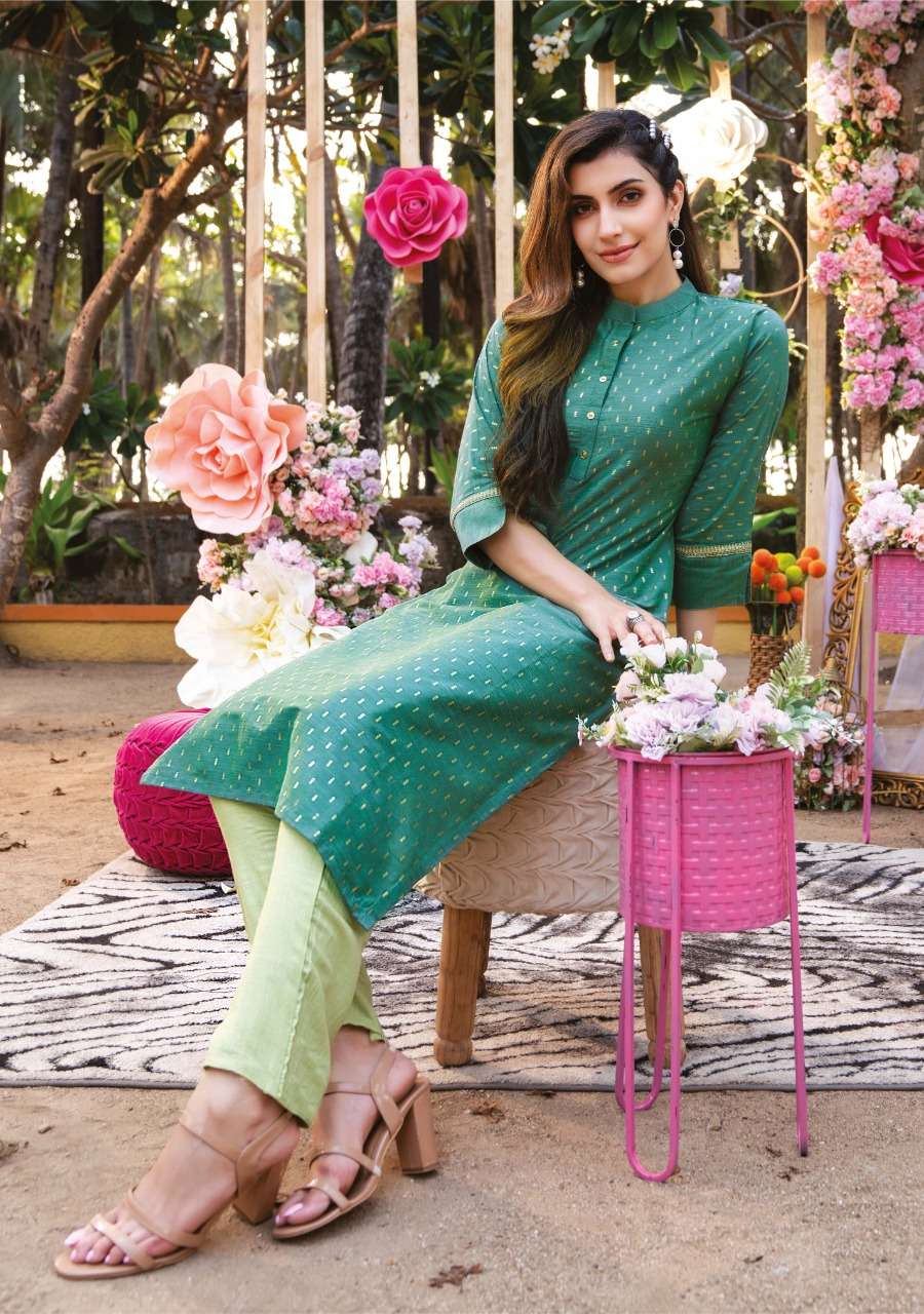 DIYA BY SOOBR BRAND SILKY WEAVED BANARASI STRAIGHT KURTI WHOLESALER AND DEALER