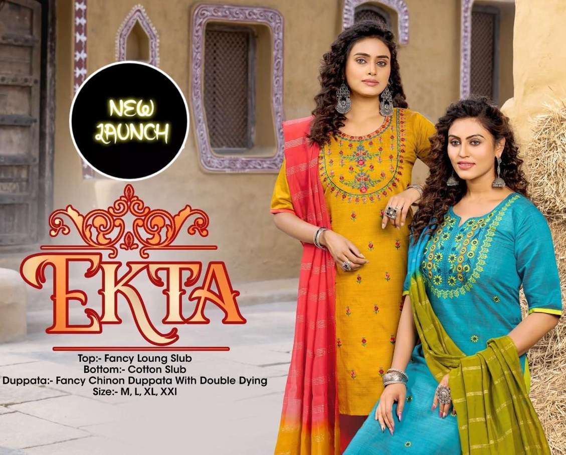 EKTA VOL 1 BY RIYAA BRAND COTTON SLUB WITH EMBROIDERED WORK KURTI WITH COTTON SLUB PANT AND FANCY CH...