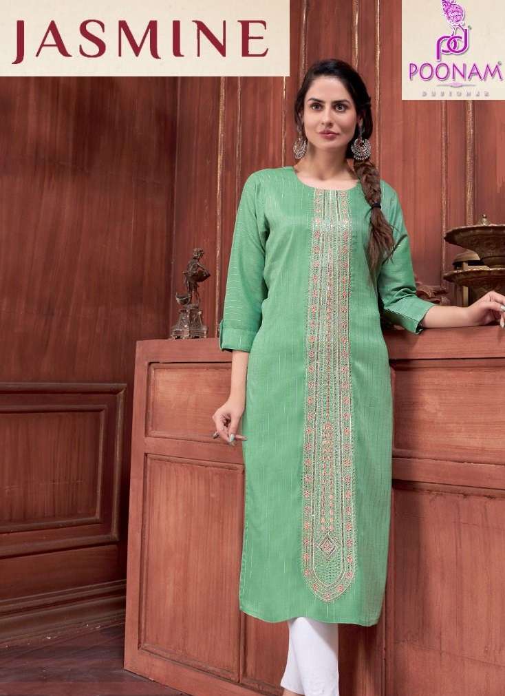 JASMIN BY POONAM DESIGNER BRAND PURE RAYON JARI WITH CORDING AND EMBROIDERY WORK STRAIGHT KURTI WHOL...