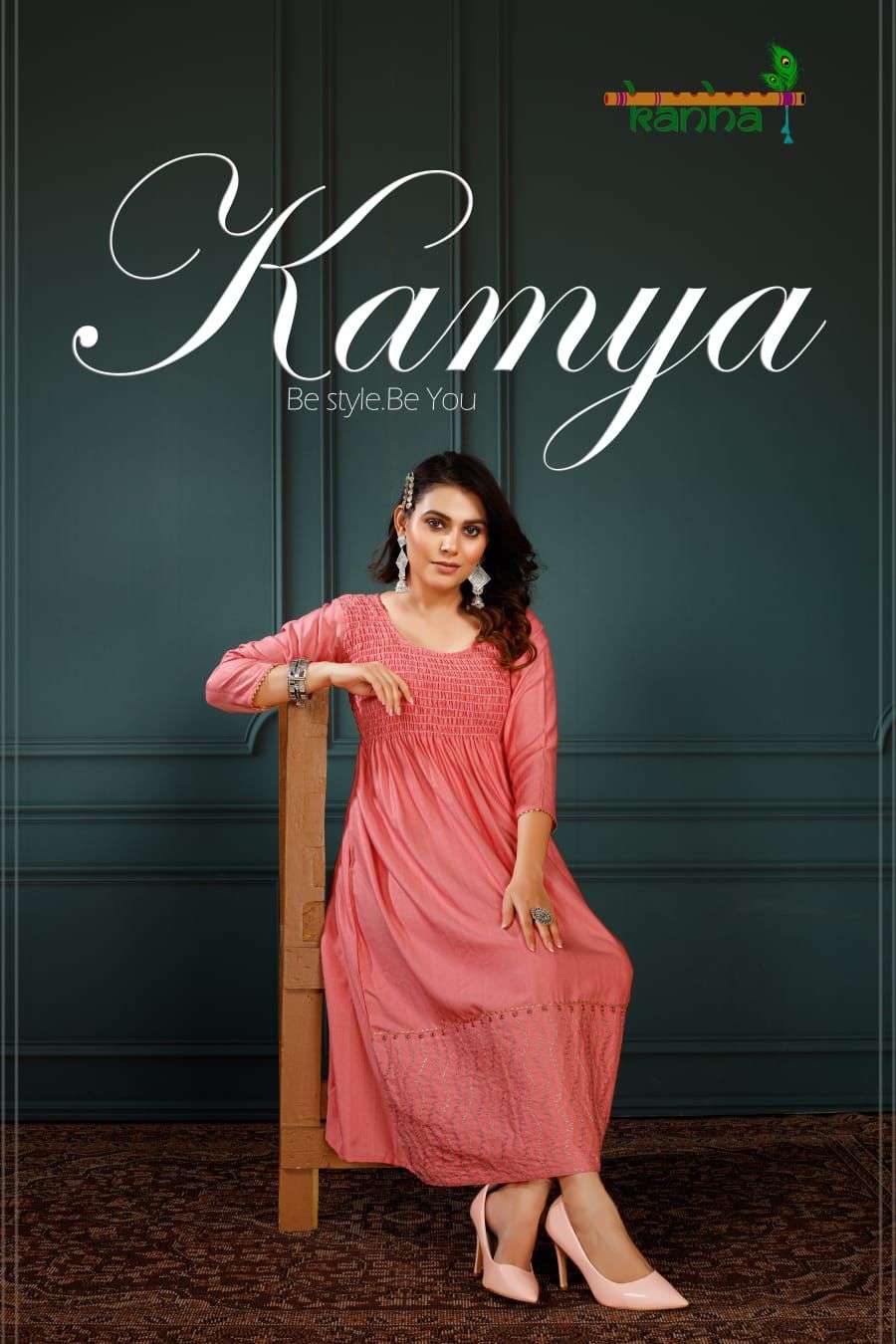 KAMYA BY KANHA BRAND FANCY FABRIC WITH FANCY EMBROIDERY WORK FROCK STYLE KURTI WHOLESALER AND DEALER