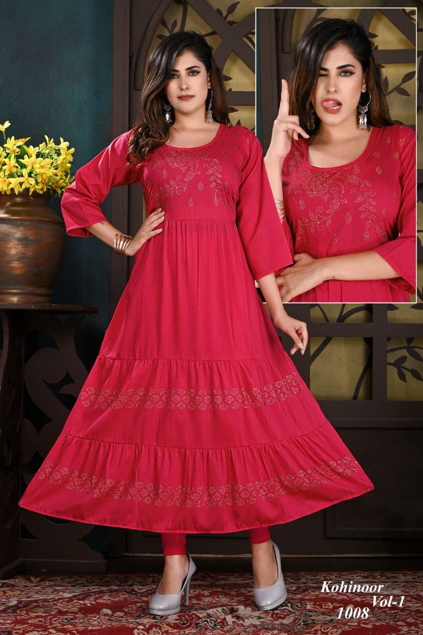 KOHINOOR VOL 1 BY S3FOREVER BRAND HEAVY CHINON SILK SIROSKI WORK WITH CLASSY PRINT LONG GOWN KURTI W...