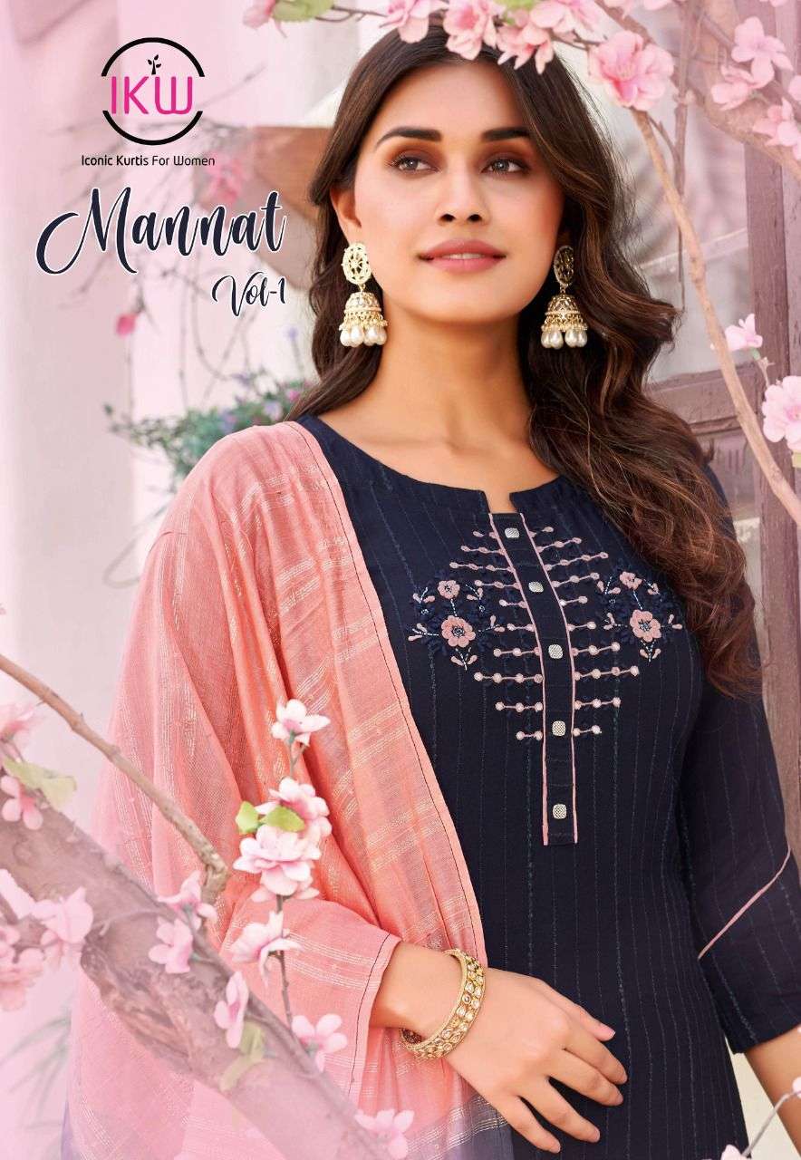 MANNAT VOL 1 BY IKW DESIGNS BRAND RAYON VISCOSE STRIPES WITH PEARL HANDWORK KURTI WITH LYCRA PANT AN...