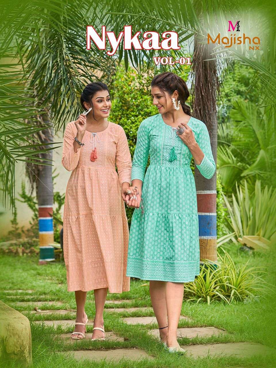 NYKAA VOL 1 BY MAJISHA NX BRAND COTTON MALMAL PRINT WITH CLASSY HANDWORK FROCK STYLE KURTI WHOLESALE...