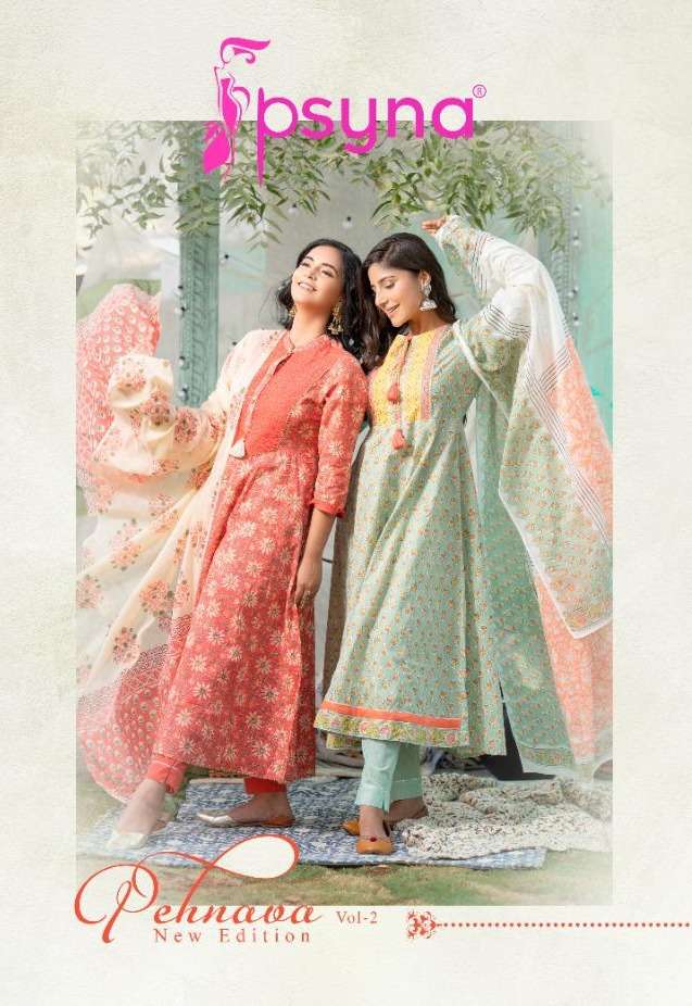 PEHNAVA VOL 2 BY PSYNA BRAND COTTON WITH CLASSY PRINT AND FANCY WORK KURTI WITH COTTON PANT AND PRIN...