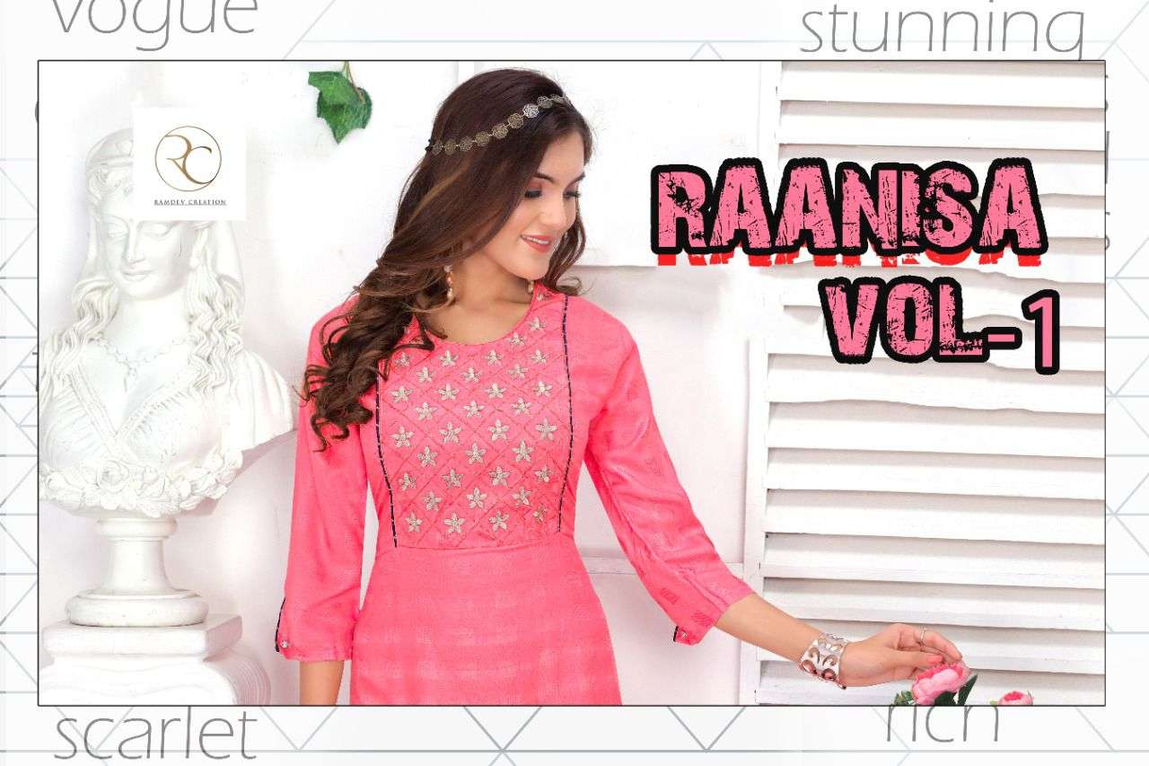 RAANISA VOL 1 BY RAMDLY CREATION BRAND COTTON DOBBY WITH HEAVY EMBROIDERY WORK FROCK STYLE KURTI WHO...