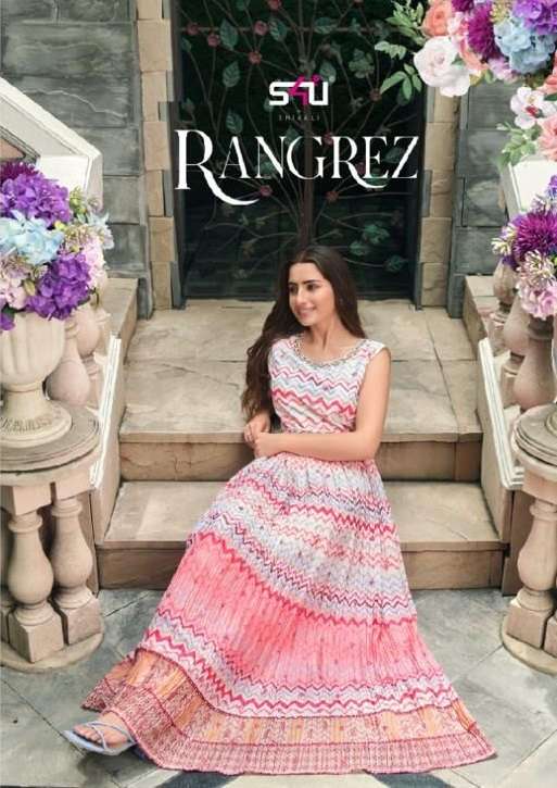 RANGREZ BY S4U BY SHIVALI BRAND SEQUIN CHINON WITH NECKLINE LONG GOWN KURTI WITH HANDWORK BELT WHOLE...