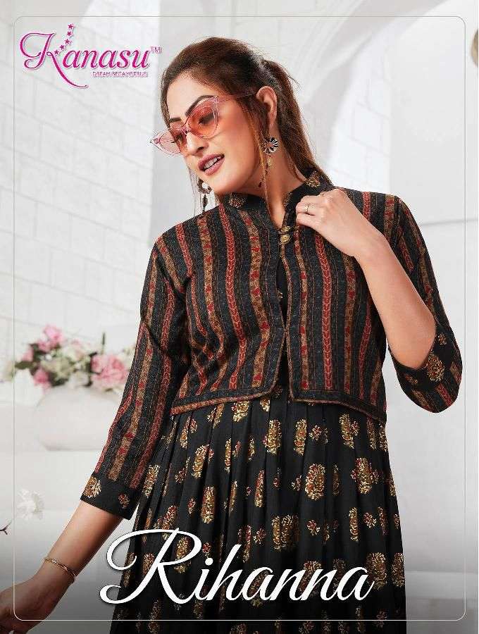 RIHANNA BY KANASU BRAND 14 KG RAYON WITH HEAVY CAPSULE PRINT A- LINE KURTI WITH PRINTED JACKET WHOLE...