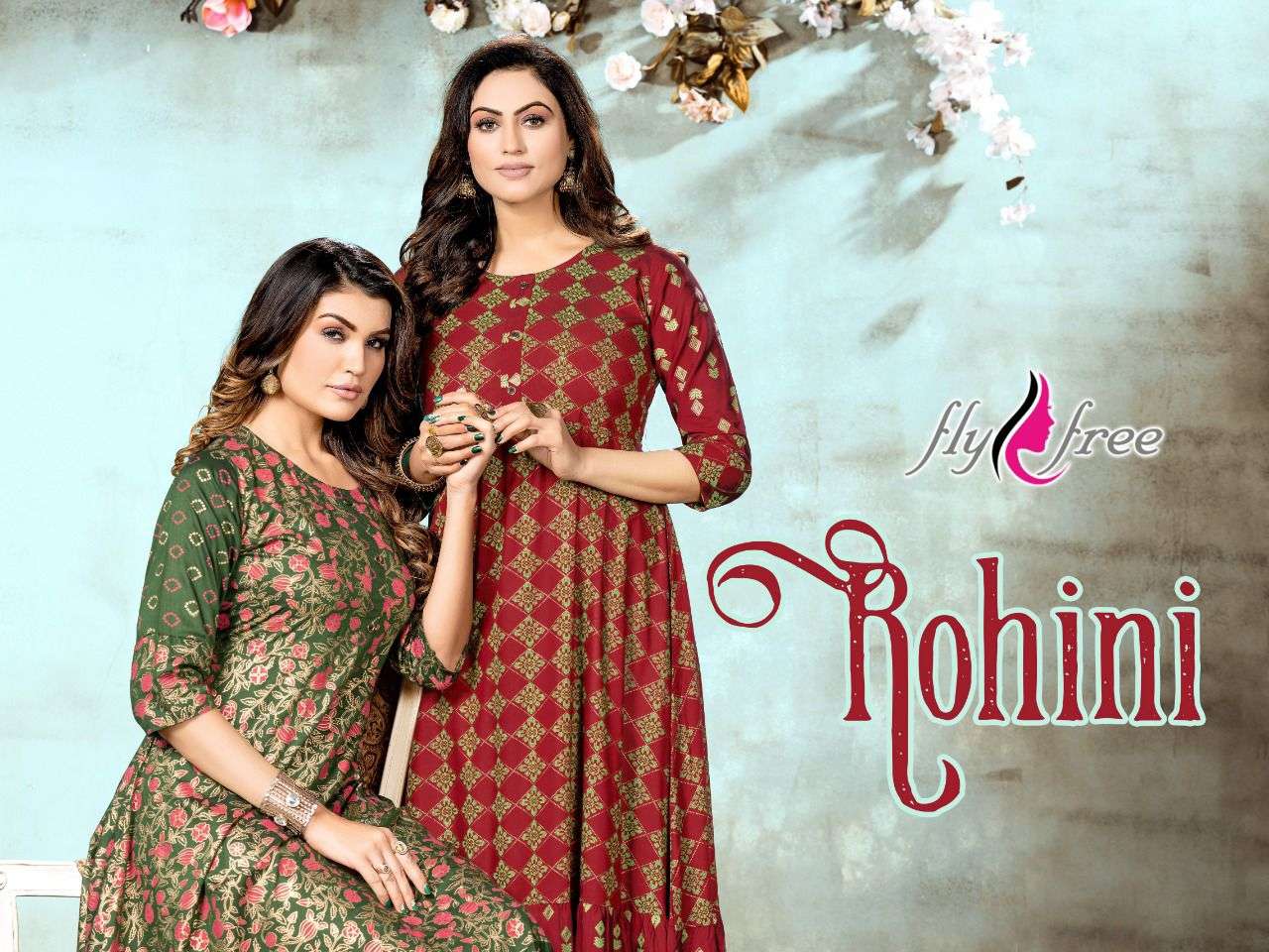 ROHINI VOL 1 BY FLY FREE BRAND HEAVY RAYON WITH FANCY FOIL PRINT LONG GOWN KURTI WHOLESALER AND DEAL...