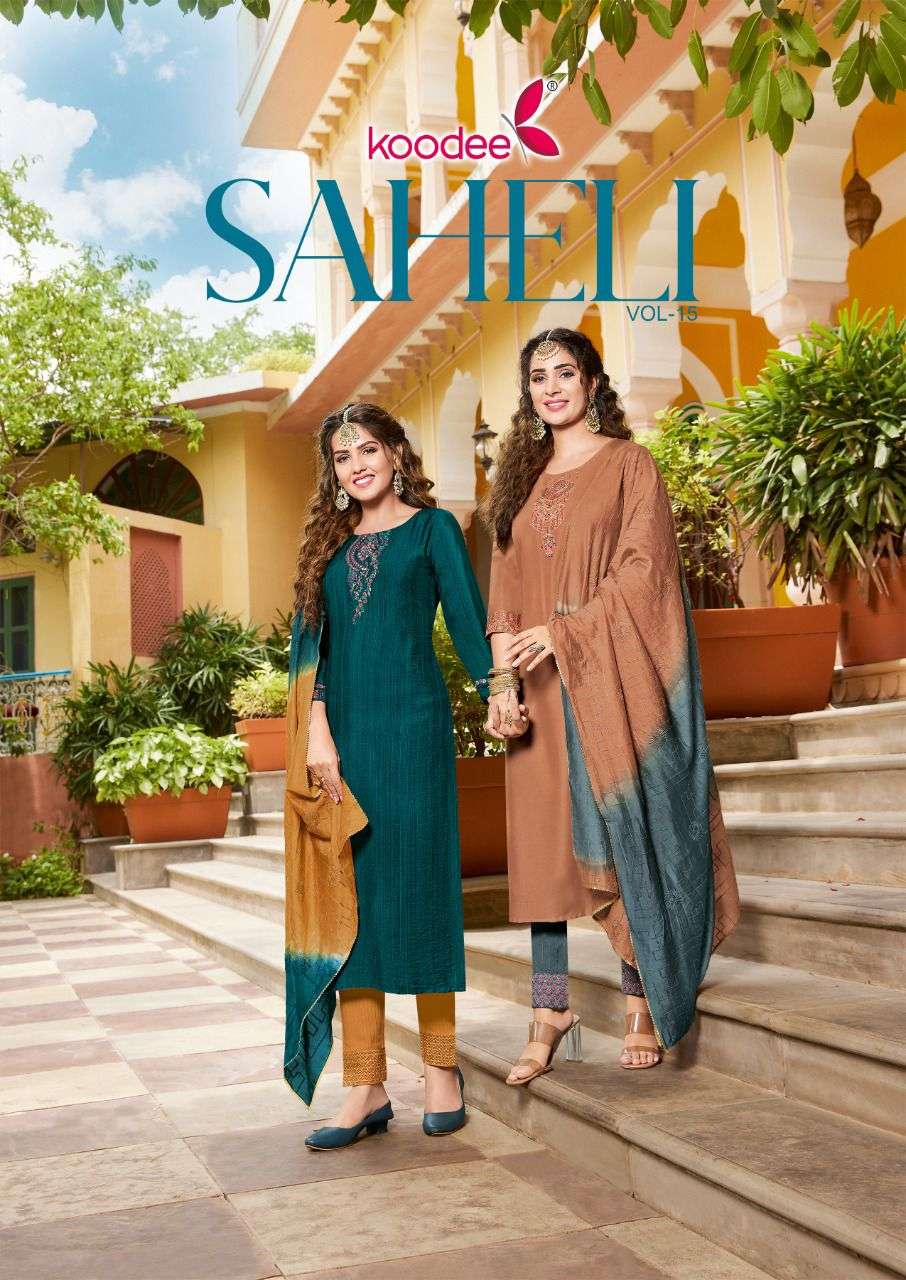 SAHELI VOL 15 BY KOODEE BRAND CHINON SLUB EMBROIDERY KHATLI WORK KURTI WITH COTTON SLUB LYCRA PANT A...