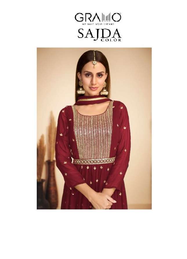 SAJDA VOL 1 BY FLOSSY BRAND GEORGETTE FRONT AND BACK FULL HANDWORK LONG GOW KURTI WITH DUL SATIN PAN...