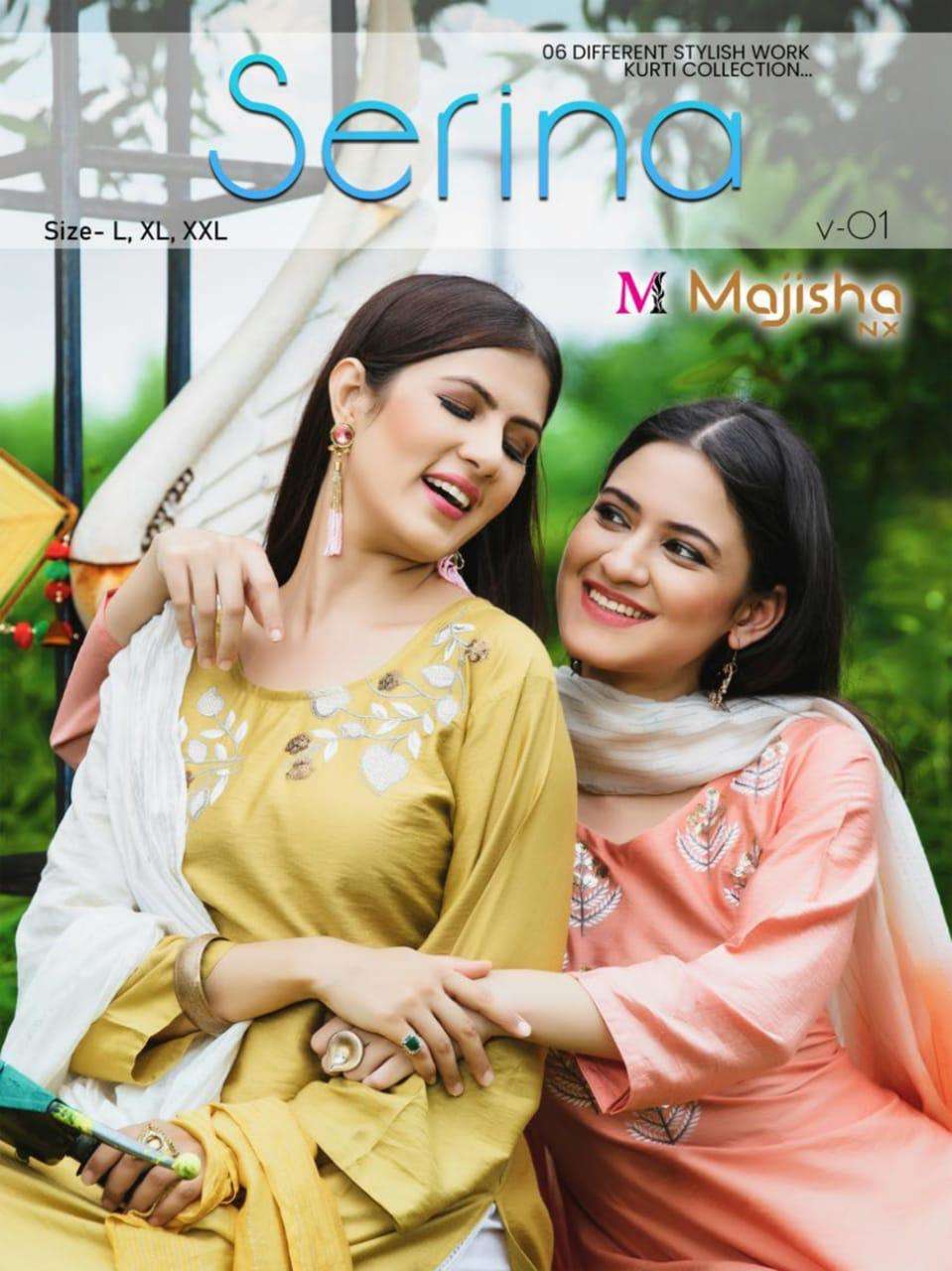 SERINA  VOL 1 BY MAJISHA NX BRAND VISCOSE SILK WITH EMBROIDERY WORK KURTI WITH MAGIC SLUB PANT AND D...