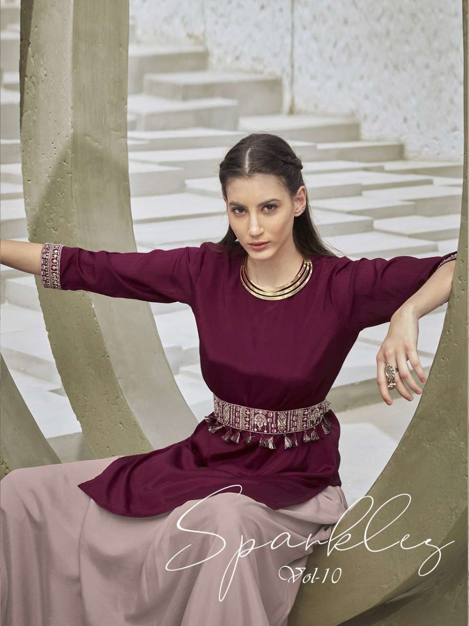 SPARKLES VOL 10 BY S3FOREVER BRAND CHINNON CHIFFON ART SILK SHORT KURTI WITH HANDWORK BELT WITH CHIF...