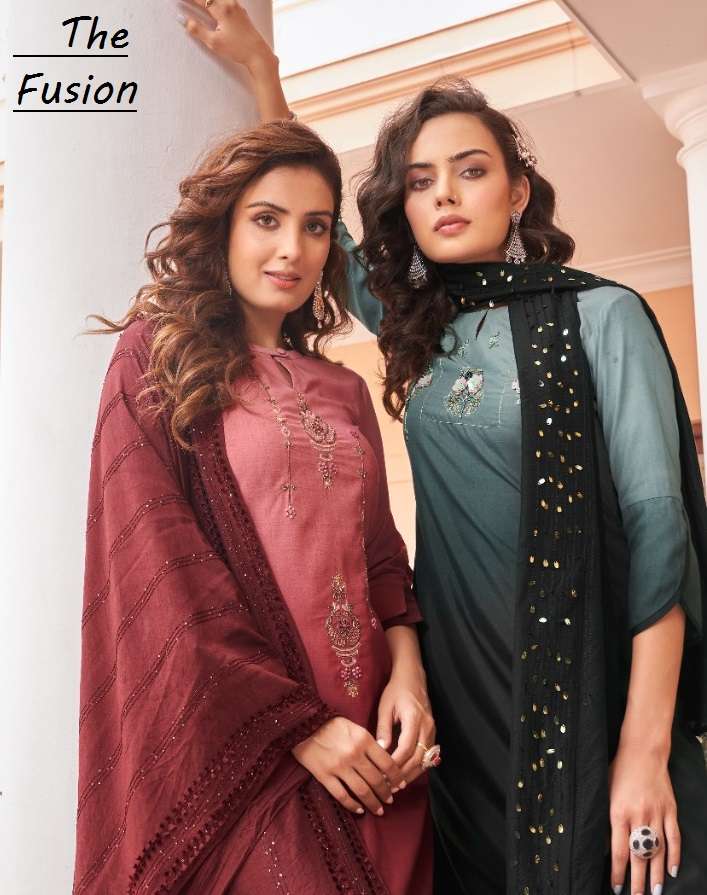 THE FUSION BY VIVILS BRAND ROMAN SILK WITH PURE HANDWORK KURTI WITH SILK PALAZZO AND HEAVY SEQUENCE ...