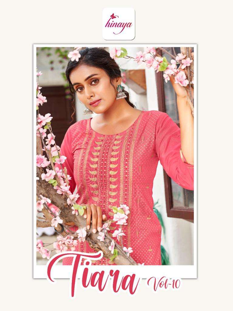 TIARA VOL 10 BY HINAYA BRAND RAYON SLUB WITH CLASSY PRINT HANDWORK STRAIGHT KURTI WHOLESALER AND DEA...