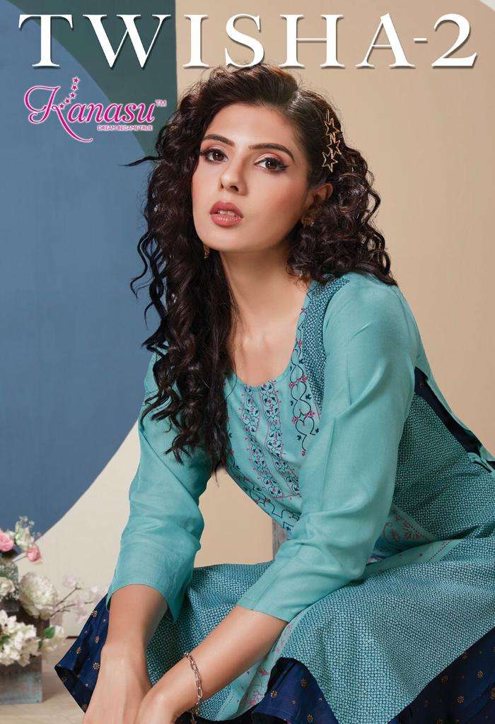 TWISHA VOL 2 BY KANASU BRAND 14 KG HEAVY RAYON WITH CLASSY GOIL AND FOIL PRINT KURTI WITH ATTACHED F...