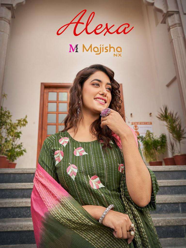 ALEXA VOL 1 BY MAJISHA NX BRAND HEAVY VISCOSE RAYON FANCY KURTI WITH COTTON SLUB PANT AND CHANDERI S...