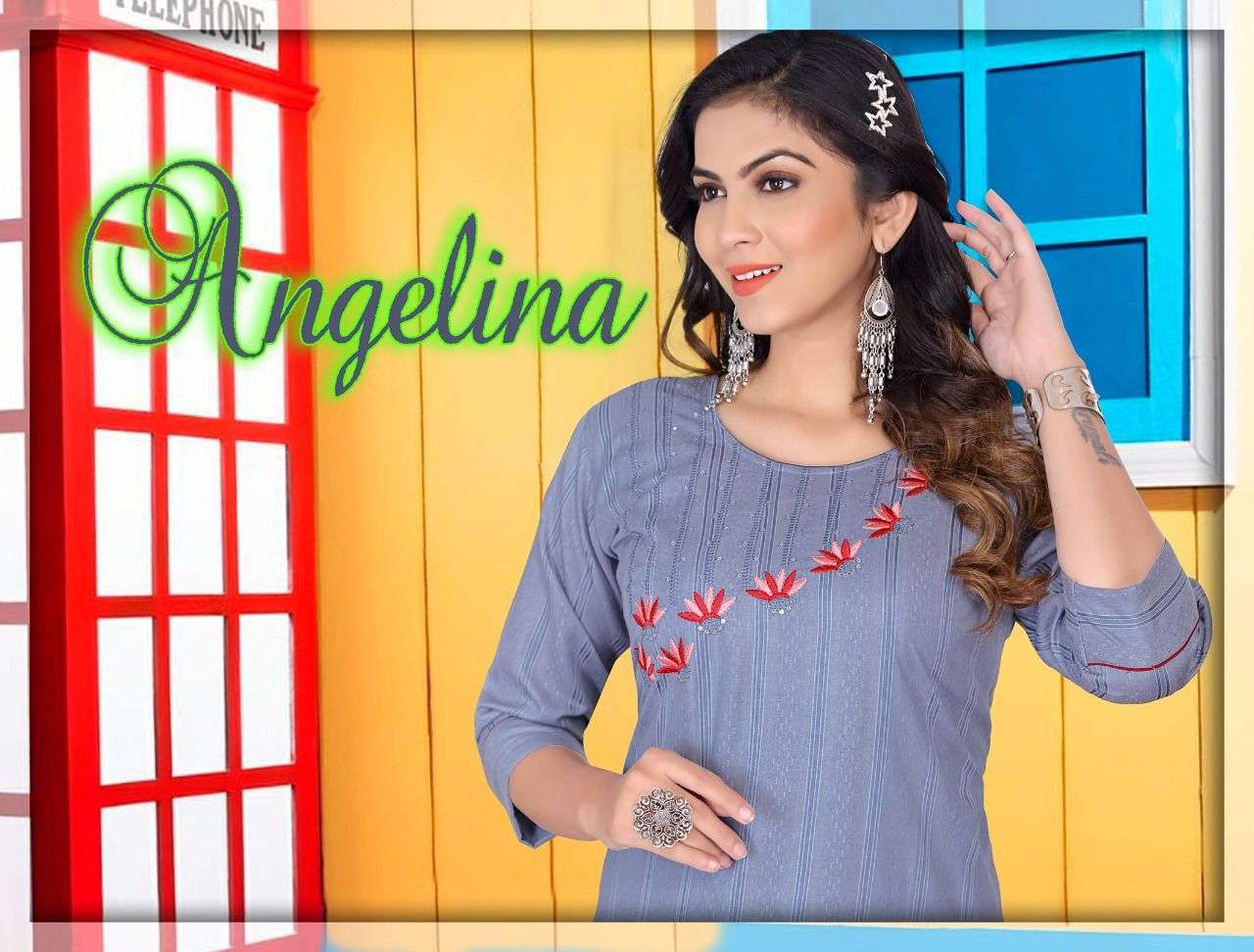 ANGELINA VOL.1 BY NEW RIYAA BRAND FABRIC RAYON 14 KG BOMBAY EMBROIDERY WORK STRAIGHTLINE KURTI WHOLE...