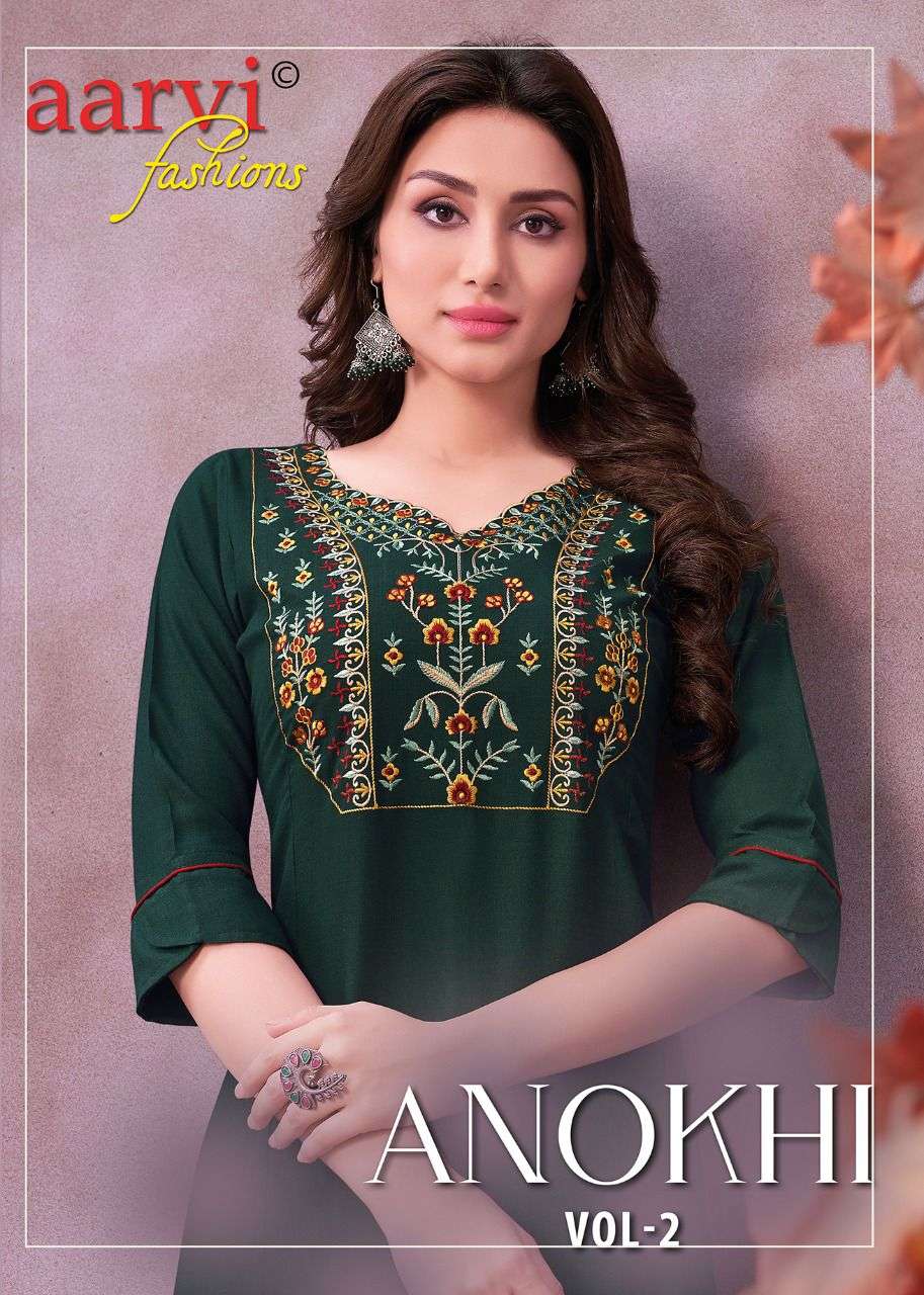 ANOKHI VOL 2 BY AARVI FASHIONS BRAND  RAYON FANCY KURTI WITH RAYON EMBROIDERY WORK PANT WHOLESALER A...