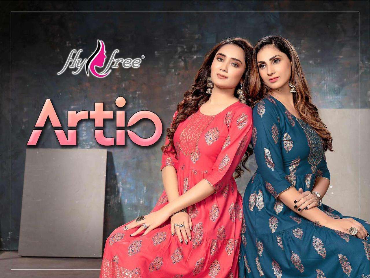 ARTIO BY FLY FREE BRAND FABRIC RAYON GOLD PRINT WITH STICHING PATTERN LONG FROCK STYLE KURTI WHOLESA...