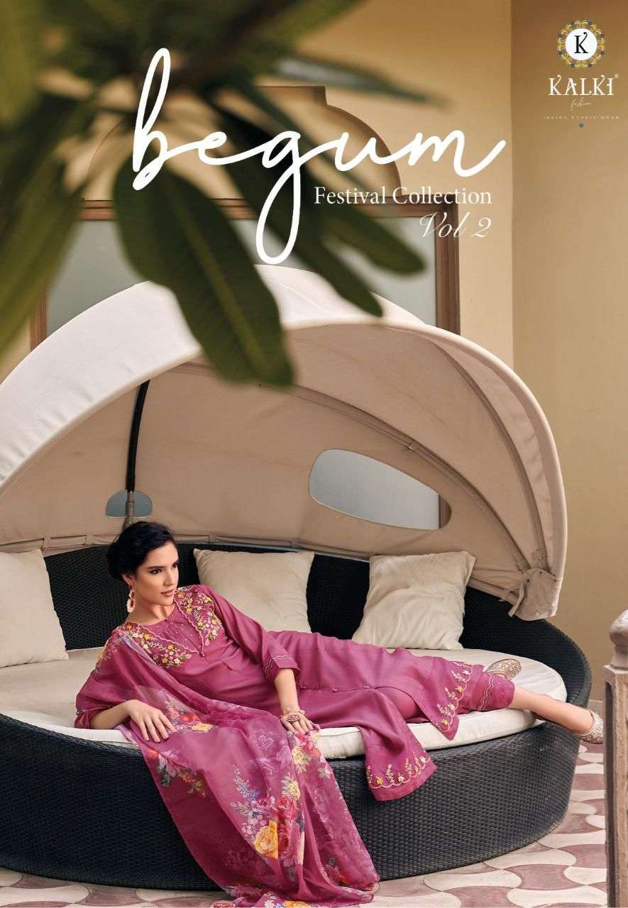 BEGUM VOL -2 BY KALKI FASHION BRAND VISCOSE SILK- A-LINE STYLE HANDWORK KURTI WITH FANCY PANT AND DI...