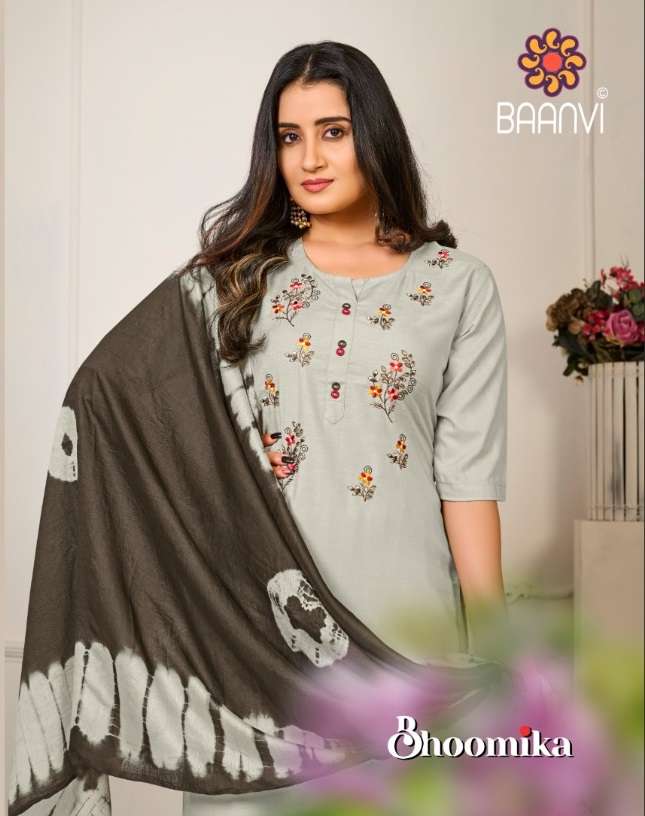 BHOOMIKA BY BAANVI BRAND HEAVY EMBROIDERY WORK KURTI WITH PLAZZO AND CHANDERI DUPATTA WHOLESALER AND...