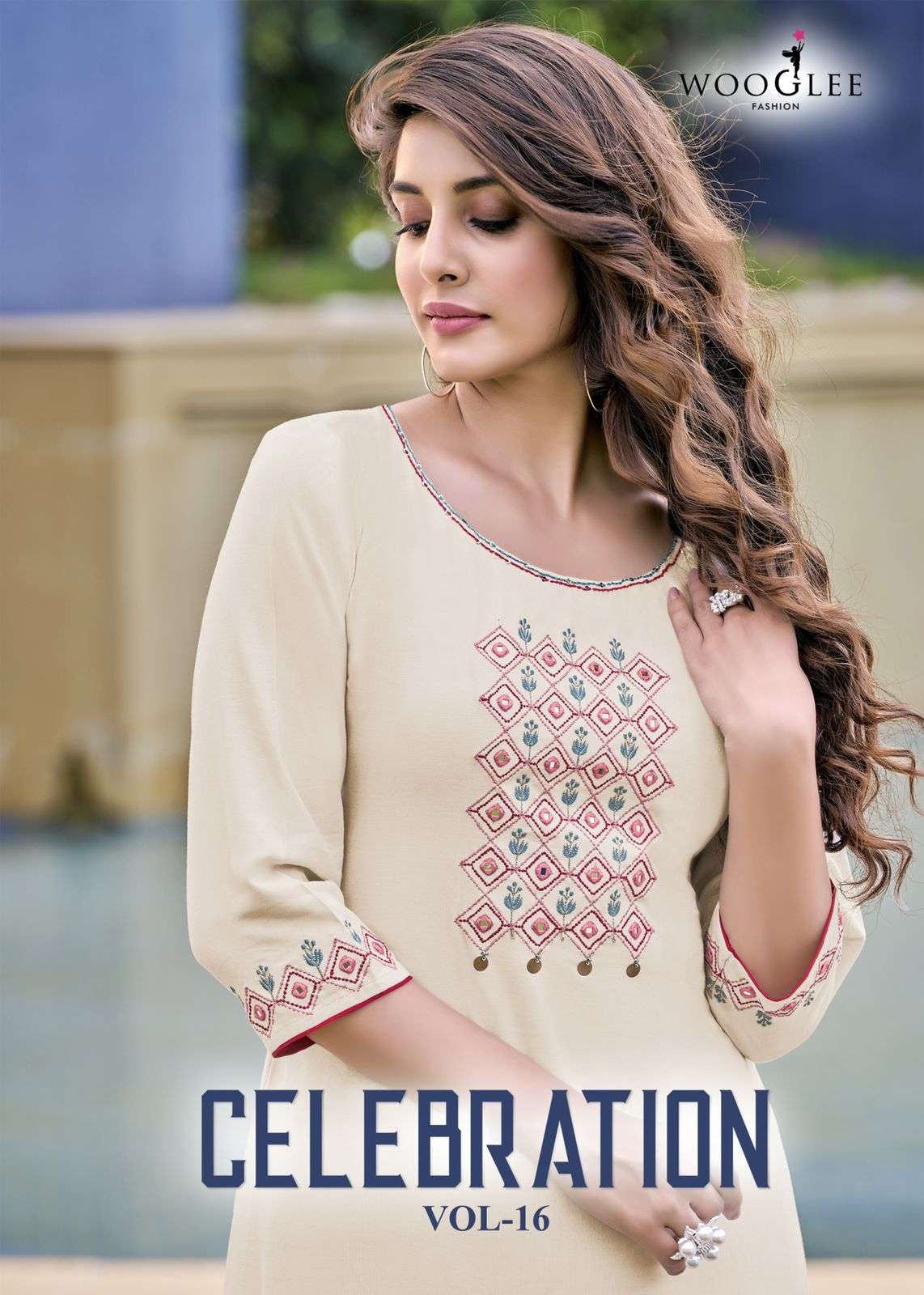 CELEBRATION VOL 16 BY WOOGLEE BRAND FABRIC HEAVY RAYON LONG WHITE FLOCK PRINT KURTI WITH RAYON PRINT...