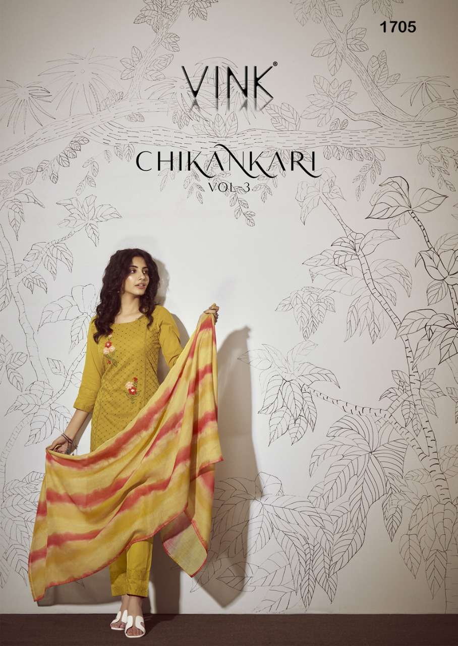  CHIKANKARI-3  BY VINK BRAND FABRIC COTTON SCHIFFLI EMBROIDERY WORK KURTI WITH FANCY FABRIC  WORK PA...