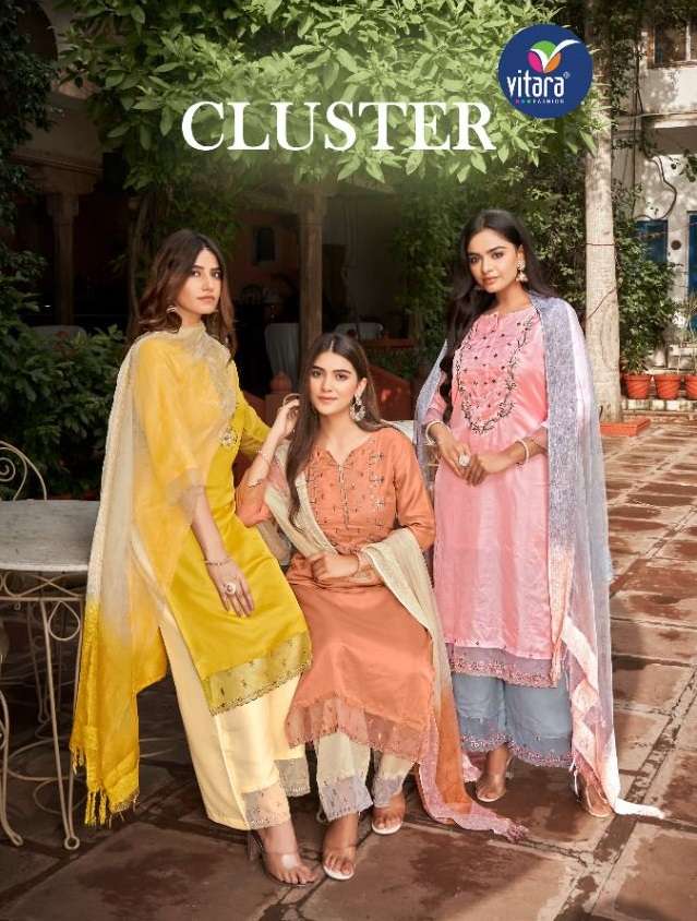 CLUSTER BY VITARA FASHION BRAND FABRIC GULMOHAR SILK EMBROIDERYWORK KURTI ORGANZA PANT WITH VISCOS O...