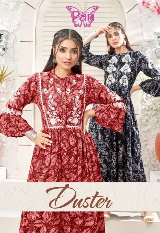 DUSTER BY PARI BRAND FABRIC RAYON 14 KG LONG FANCY FROCK SLEEVES WORK KURTI WHOLESALER AND DEALER