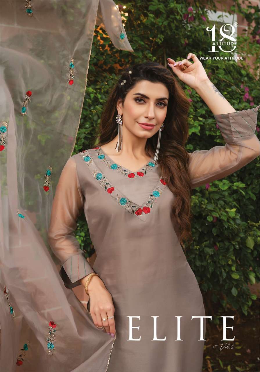  ELITE VOL.02  BY 18 ATTITUDE BRAND RAMY SILK EMBROIDERY HANDWORK KURTI WITH PANT AND CLASSY DUPATTA...