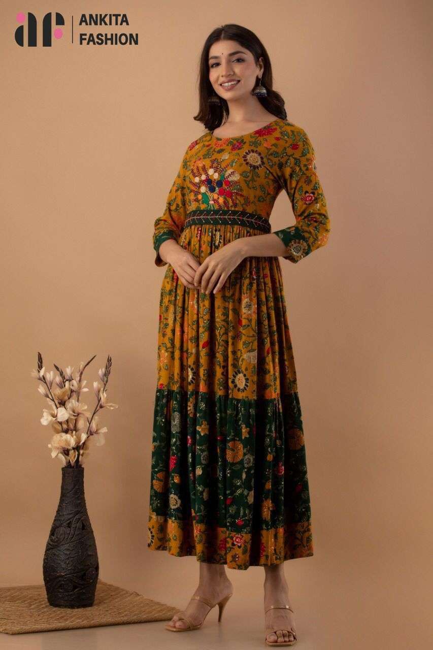  FAIRY TALES BY ANKITA FASHION BRAND FABRICS HEAVY RAYON HAND WORK LONG GOWN KURTI WHOLESALER AND DE...