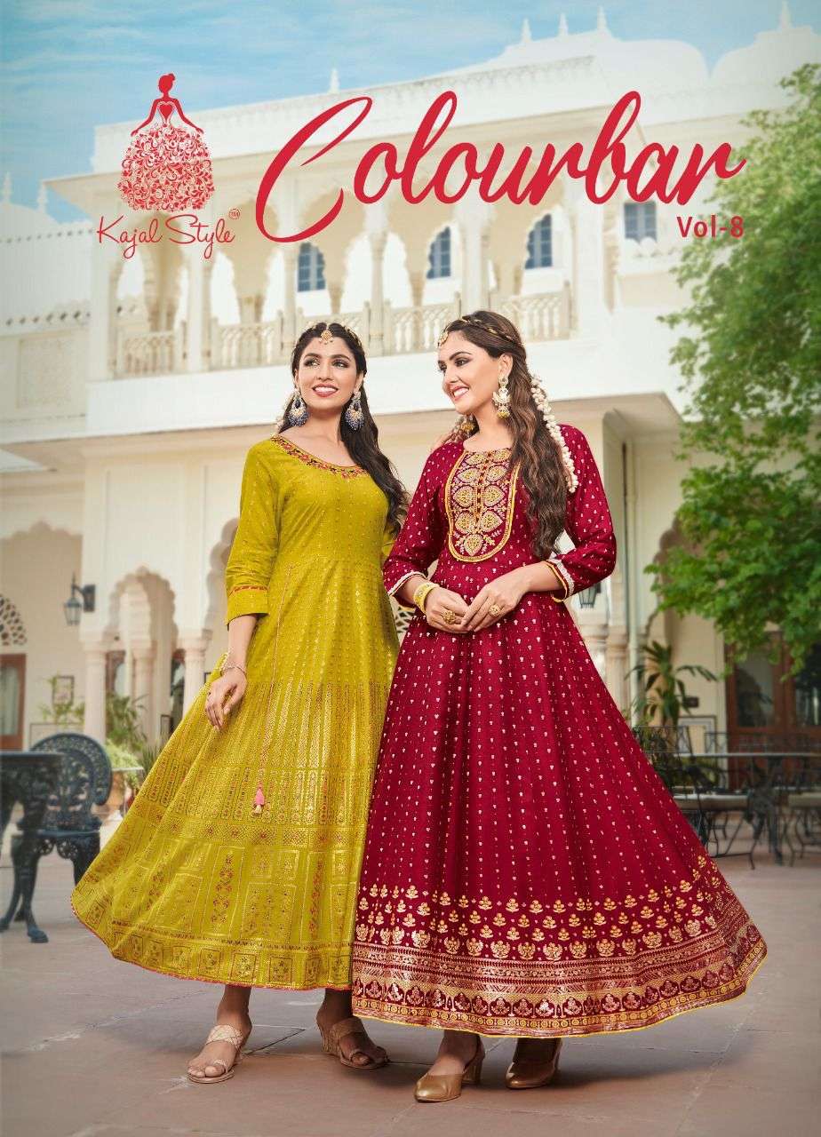  FASHION COLORBAR VOL.8 BY KAJAL STYLE BRAND RAYON WITH EMBROIDERY WORK AND CLASSY FOIL PRINT GOWN K...