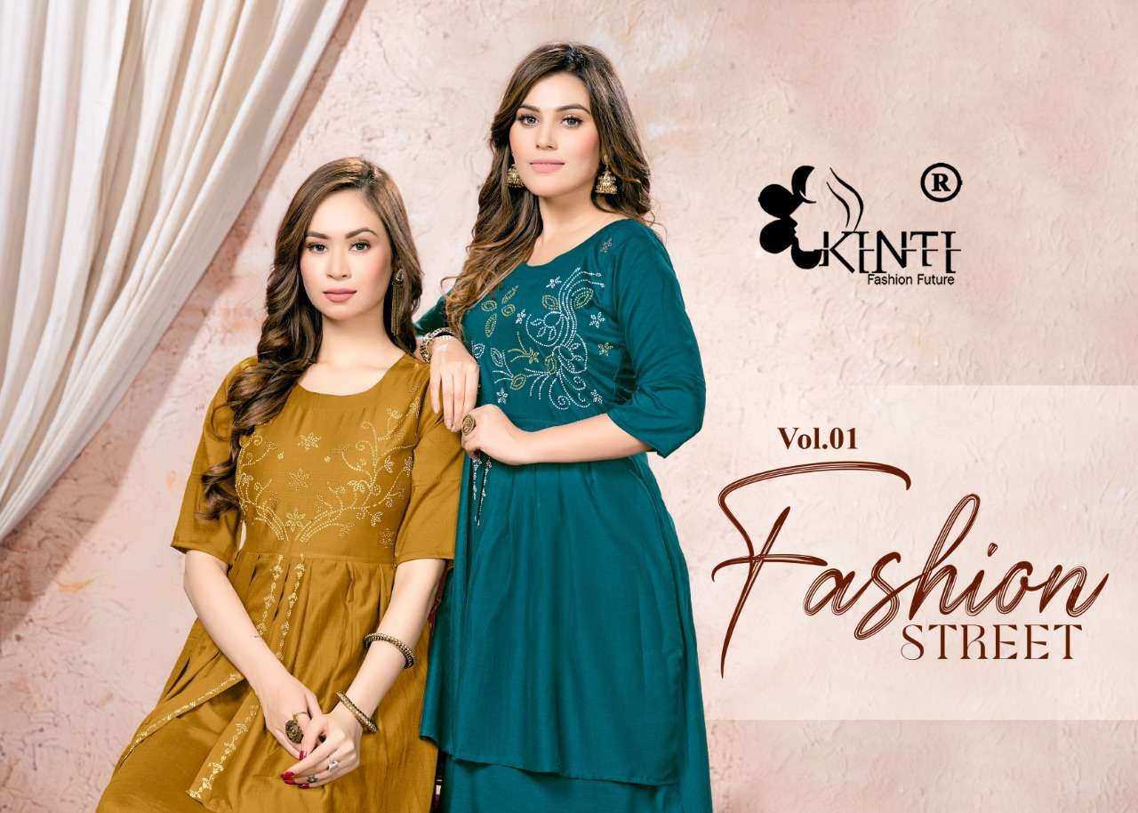 FASHION STREET BY KINTI BRAND FABRIC CHINON SILK DOUBLE LAYERED SWAROVSKI WORK FROCK STYLE KURTI WHO...