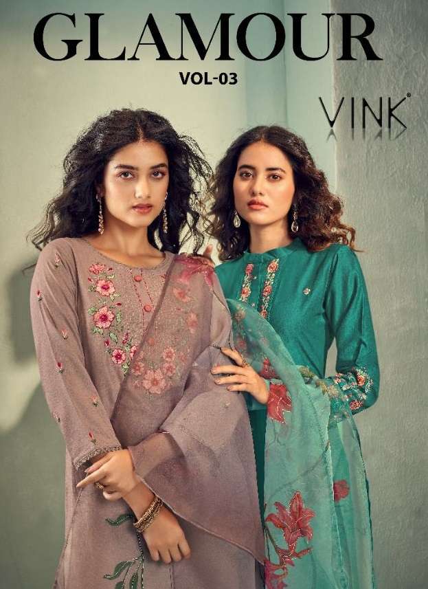 GLAMOUR BY VINK BRAND FABRIC SILK EMBROIDERYWORK KURTI WITH SILK HANDWORK PANT AND ORGANZA FOIL DIGI...