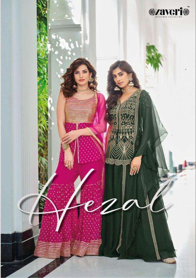 HAZAL BY ZAVERI BRAND FABRIC GEORGETTE EMBROIDERYWORK ALINE KURTI WITH FRONT AND BLACK WORK PLAZO AN...