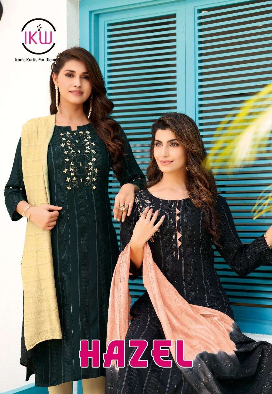 HAZEL VOL1 BY IKW DESIGNS BRAND VISCOSE EMBROIDERY WORK KURTI WITH LYCRA ORGANZA WORK PANT AND CHAND...