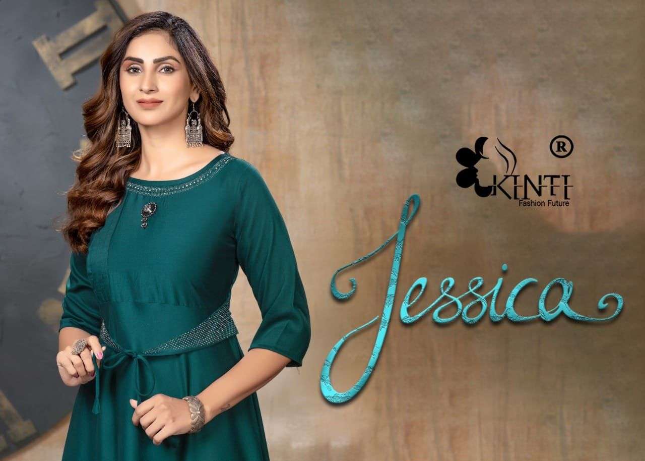 JESSICA BY KINTI BRAND FABRIC HEAVY CHINNON SILK FROCK STYLE KURTI WITH STITCHING PATTERNS  SWAROVSK...