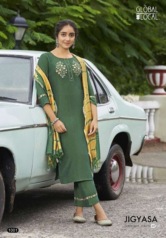 JIGYASA- BY GLOBAL LOCAL BRAND  MUSLIN HANDWORK KURTI WITH EMBROIDERY WORK WITH POCKET  PANT AND FAN...