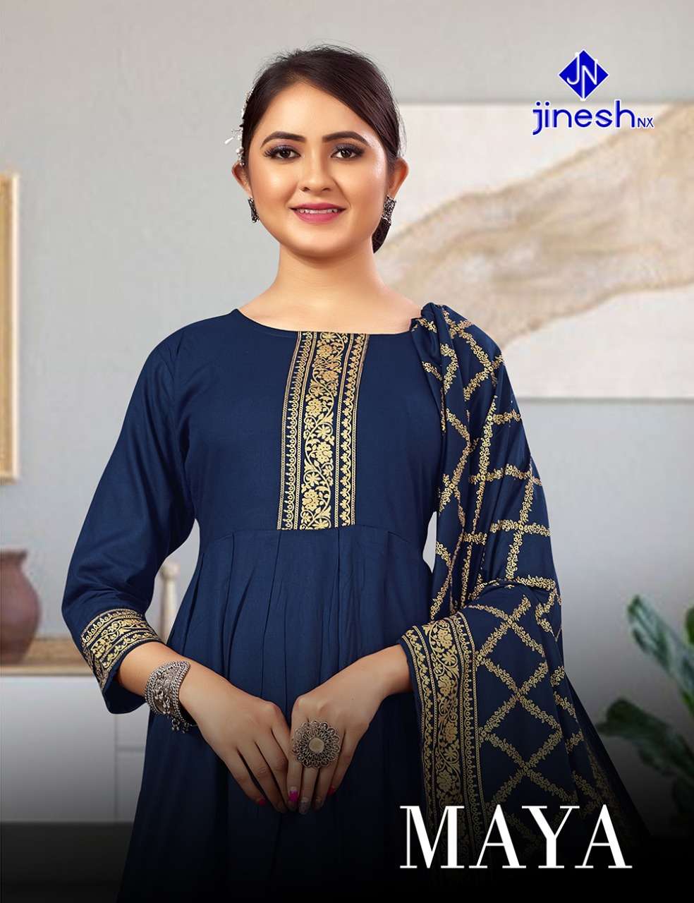 MAYA BY JINESH NX BRAND RAYON CLASSY LONG KURTI WITH FOIL PRINT DUPATTA WHOLESALER AND DEALER 