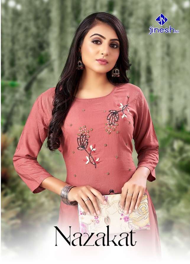 NAZAKAT BY JINESH NX BRAND VISCOSE SLUB WITH HANDWORK KURTI WHOLESALER AND DEALER