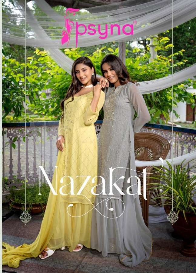 NAZAKAT BY PSYNA BRAND GEORGETTE HANDWORK KURTI WITH SHARARA AND DUPATTA WHOLESALER AND DEALER