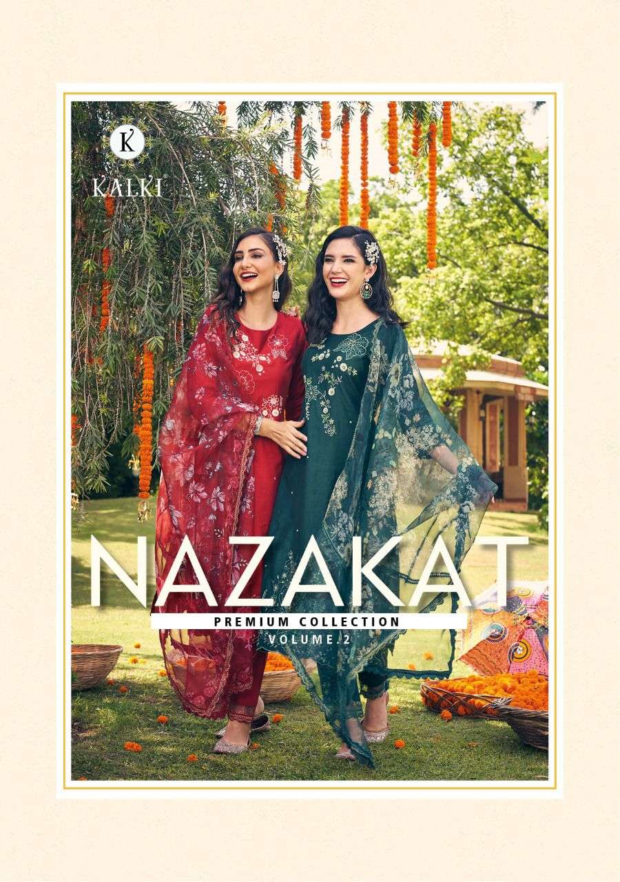 NAZAKAT VOL-2 BY KALKI FASHION BRAND VISCOSE SILK HANDWORK CUTWORK KURTI WITH SILK PANT AND ORGANZA ...