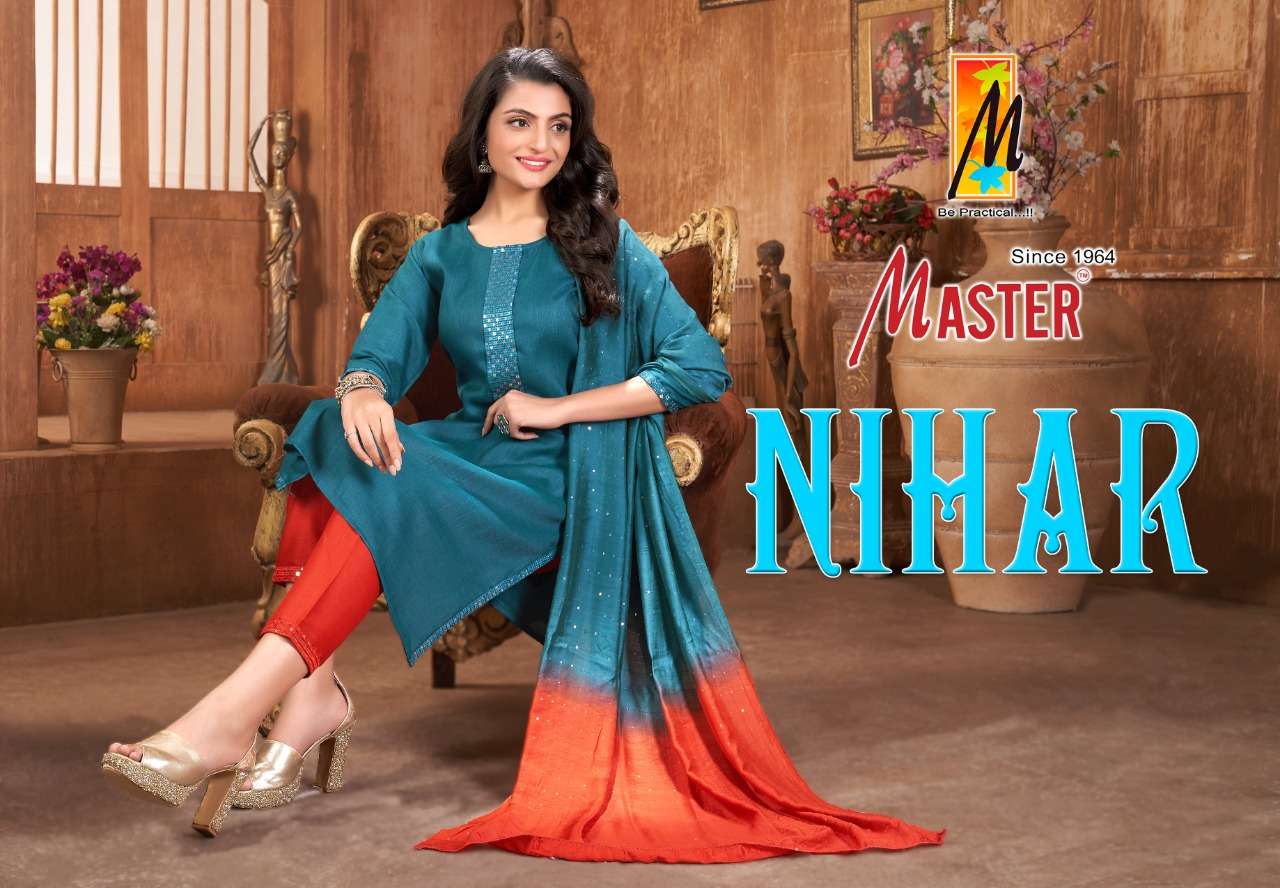 NIHAR BY MASTER BRAND FANCY-KURTI-WITH TWO TONE WORK PANT AND NAZMINE DUPPATA WHOLESALER AND DEALER 