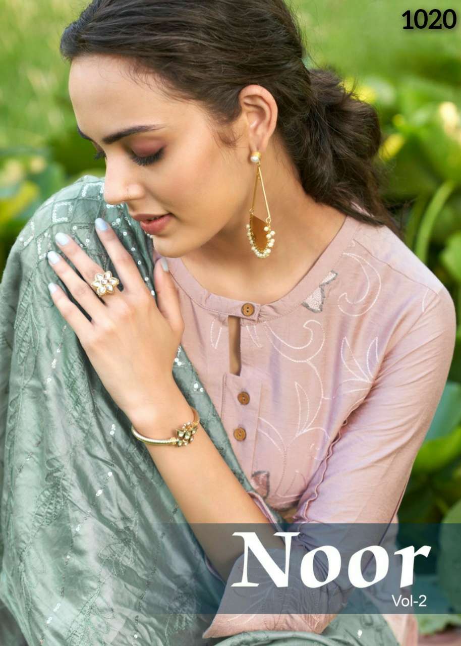 NOOR VOL 2 BY S3 FOREVER BRAND BERLIN SILK EMBROIDERY AND HANDWORK KURTI WITH PANT AND HEAVY SEQUENC...