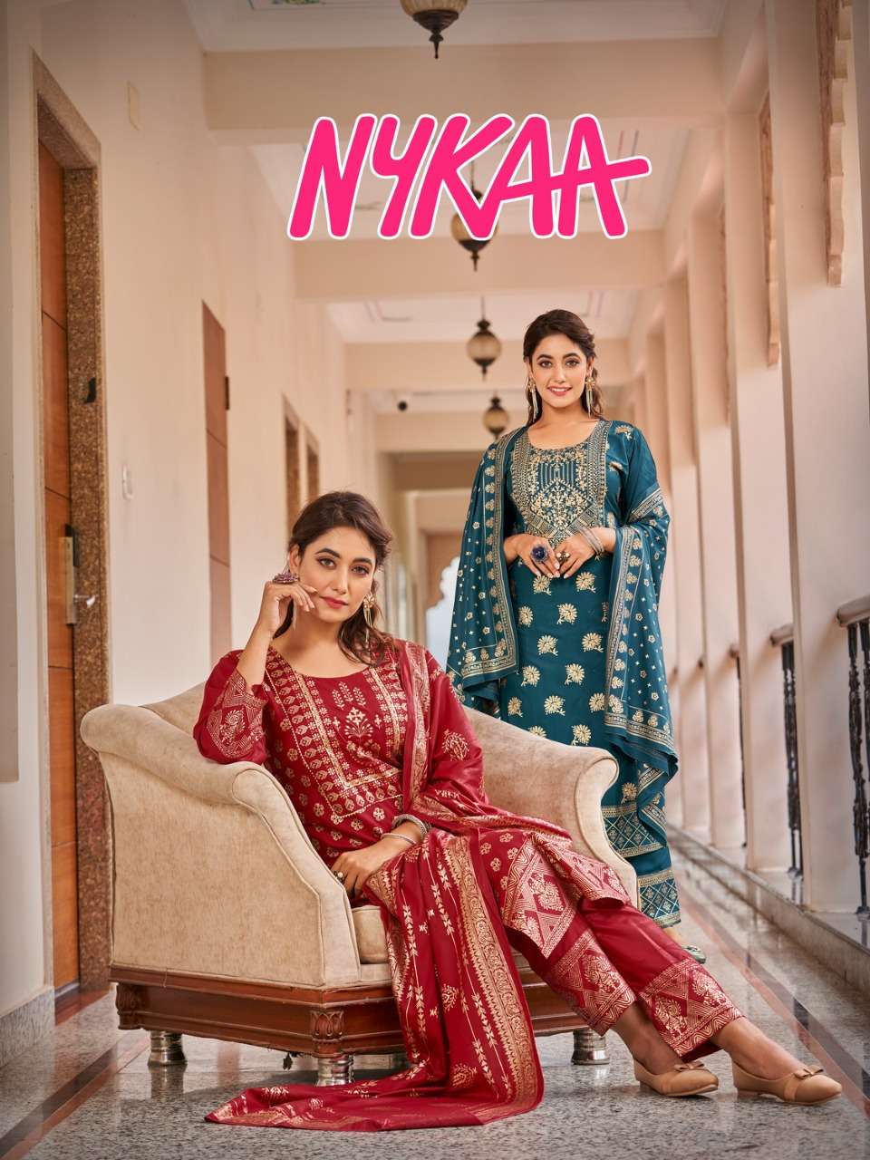 NYKAA BY BANWER BRAND FABRIC HEAVY 14KG RAYON FOIL PRINT KURTI RAYON  PANT WITH FANCY DUPATTA  WHOLE...