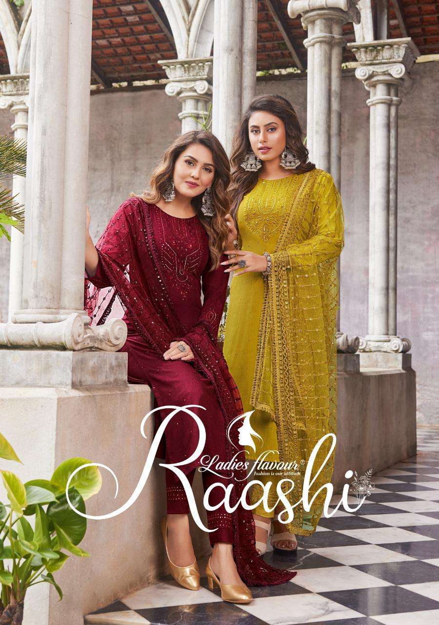 RAASHI  BY LADIES FLAVOUR BRAND VISCOSE HEAVY EMBROIDERY WORK KURTI WITH PANT AND FANCY DUPATTA  WHO...