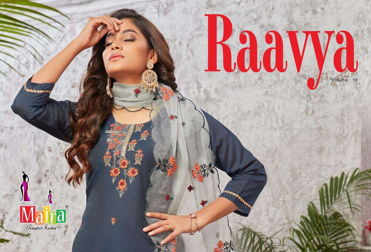 RAAVYA VOL 10 BY MAIRA BRAND PURE FANCY THREAD FULL HANDWORK KURTI WITH BOMBAY SILK PANT AND HEAVY O...