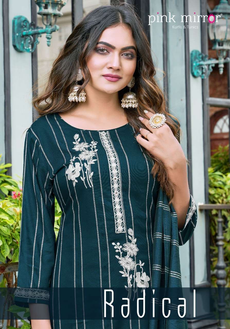 RADICAL BY  PINK MIRROR BRAND FABRIC VISCOSE EMBROIDERYWORK STRAIGHT LINE KURTI WITH COTTON  PANT AN...