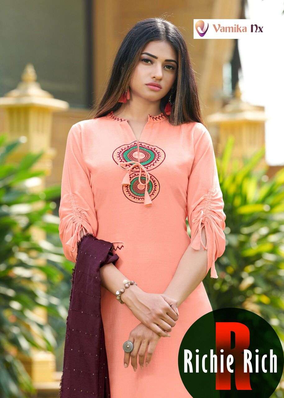 RICHIE-RICH BY VAMIKA NX BRAND FABRIC CHINON WITH SOFT SILK EMBROIDERYWORK KURTI WITH FANCY FABRIC D...